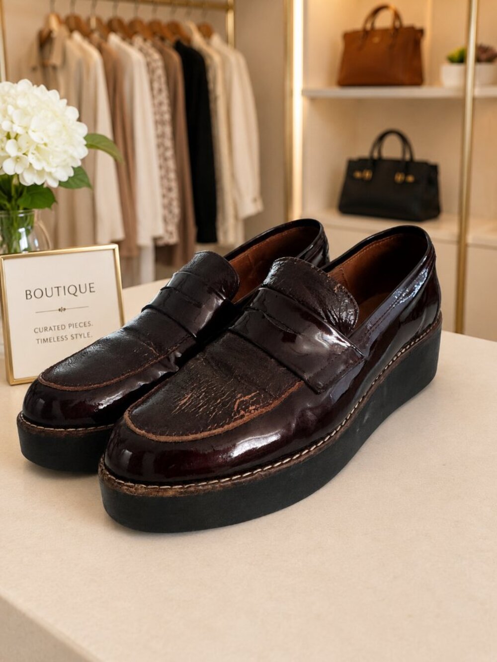 Anthropologie Platform Penny Loafers Size 38 | Burgundy Patent Leather Chunky So